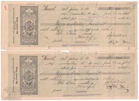 Huszt 1908. Tiszavidéki Takarékpénztár Részvénytársaság 2db kitöltött váltója bélyegzésekkel, áthúzásokkal érvénytelenítve T:III