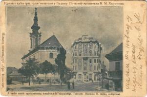 1903 Budapest I. Tabán, a budai szerb egyházközség temploma és bérpalotája (tervezte Harminc M. Milán műépítész), gyógyszertár (fa)