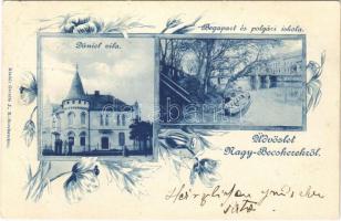 1900 Nagybecskerek, Zrenjanin, Veliki Beckerek; Dániel villa, Bega part, polgári iskola. Grosits J. kiadása / villa, riverside, school. Art Nouveau, floral