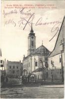 1913 Zimony, Semlin, Zemun; Szerb Nagyboldogasszony templom, kerekes kút / Serbische Mutter Gottes Kirche / Serbian church, well