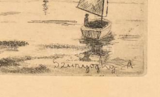 Szunyoghy András (1946-): Balatoni táj. Rézkarc, papír, jelzett a karcon. Üvegezett fa keretben. 7×1...