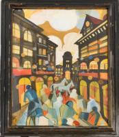 Scheiber jelzéssel: Forgatag. Vegyes technika, papír. Sérült, üvegezett fa keretben. 81,5x59 cm