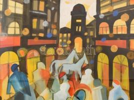 Scheiber jelzéssel: Forgatag. Vegyes technika, papír. Sérült, üvegezett fa keretben. 81,5x59 cm