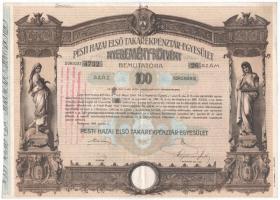 Budapest 1906. Pesti Hazai Első Takarékpénztár-Egyesület 100K-ról szóló nyereménykötvénye, szárazpecséttel (3x), egyik bélyegzéssel T:II-,III