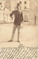 1901 Budapest VIII. Ludovika udvara, katona a lovarda és istálló között, háttérben a Fehér Kereszt Egylet / Hungarian soldier. photo