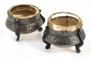 Kaviáros / fűszeres fém keretes, üveg betétes edénykék két darab, hibátlan üveg betét, hozzá 6+3 db ...