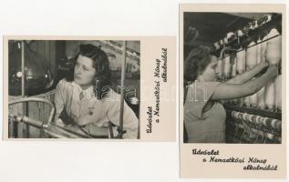 Nemzetközi Nőnap - 2 db modern szocialista propaganda képeslap gyári munkásnőkkel (Képzőművészeti Alap Kiadóvállalat)