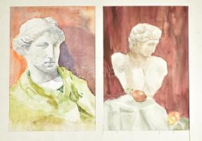 Jelzés nélkül, 2 db mű: A szobrok szépsége. Akvarell, papír. Egy paszpartuban. 2x41x28 cm