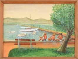 H.I. Rózsa I. jelzéssel: Balatoni horgászok. Akvarell, ceruza, papír. Üvegezett, kopott fa keretben. 36x48 cm