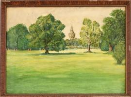 Rózsa jelzéssel: Margitszigeti rét, háttérben a víztoronnyal. Akvarell, ceruza, papír. Üvegezett, ko...