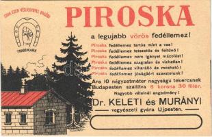 Piroska a legújabb vörös fedéllemez. Dr. Keleti és Murányi Colorineum vegyészeti gyár Újpesten, reklám / Hungarian chemical factory advertisement, red cover plate (EK)
