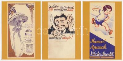 3 db modern Ab Ovo (Eladó az egész világ) reklám motívum képeslap: Az Est, Nikotex, Lichtfusz Mátyás Temesváron