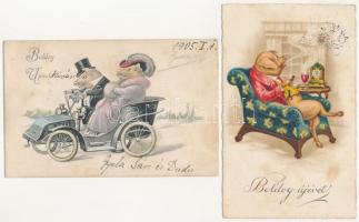 2 db régi malacos újévi üdvözlő motívum képeslap / 2 pre-1938 New Year greeting motive postcards with pigs