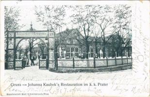 1902 Wien, Vienna, Bécs; Gruss von Johanna Kaubeks Restauration im k.k. Prater / restaurant, garden with waiters. Kunstanstalt Karl Schwidernoch (tear)