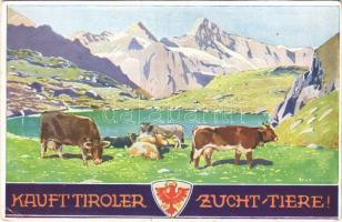 Tirol, Kauft Tiroler Zucht-Tiere! / Tyrolean breeding animals advertisement card, coat of arms. Tyroliadruck Innsbruck (cut)