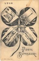Lyon, Porte Bonheur / multi-view greeting card with four-leaf clover. Art Nouveau (fl)