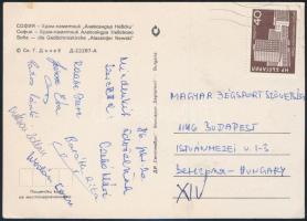 1986 Korcsolyázók által aláírt képeslap (Raabe Imre, Czakó Klára, Partos László, Baráth Rita, Wertán Emese, Bukvai Zoltán)