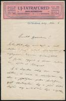 1909 Újtátrafüred, Vízgyógyintézet fejléces levélpapírjára írt levél