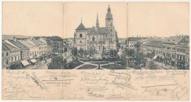 Kassa, Kosice; székesegyház, üzletek. Eschwig Ede F. kiadása. Hajts Kornél felvétele. 3-részes kihajtható panorámalap / cathedral, shops. 3-tiled folding panoramacard (hajtásnál szakadt / torn at fold)