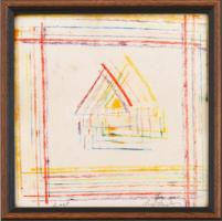 Tornay Endre András (1949-2008): Ház. Kréta, papír, jelzett, üvegezett fa keretben, 20×20 cm