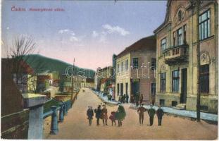 1927 Csaca, Cadca; Masarykova ulica / Masaryk utca, I. Stetina üzlete. Arthur Steiner kiadása / street view, shop (EB)