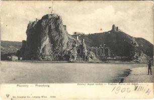 1902 Dévény, Theben a. d. Donau, Devín (Pozsony, Bratislava); Árpád szobor, várrom / Thebner Ruine mit Árpád-Denkmal / monument, castle ruins (EK)