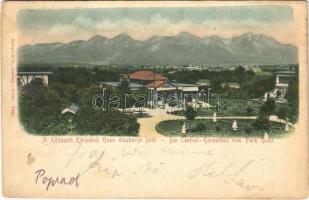 1901 Tátra, Magas-Tátra, Vysoké Tatry; Központi Kárpátok a Husz park díszkertje felől, kávéház / Die Central-Karpathen vom Park Husz / Carpathian Mountains, park, café (fl)