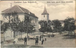 1908 Zalaszántó, Római katolikus iskola és templom, utca részlettel (r)