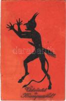 Üdvözlet a Krampusztól / Krampus silhouette art postcard (vágott / cut)