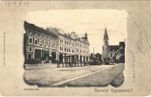 1902 Kaposvár, Erzsébet tér, templom, piac, Kovács Jónás, Török Mór üzlete. Hagelman Károly kiadása