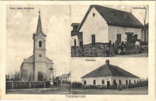 1935 Tiszabercel, római katolikus templom, plébánia, Hangya szövetkezet üzlete, motorkerékpár