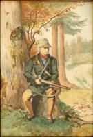 Friedrich Schaarschmidtnak (1863-1902) tulajdonított: Vadász puskával. Akvarell, ceruza, papír. Jelzés nélkül. Hátoldalán címkéken feliratozott. Üvegezett, kissé laza fa keretben. 41x28,5 cm