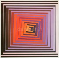 Victor Vasarely (1908-1997): Op-art kompozíció. Ofszet nyomat, papír, utólagos jelzéssel. Üvegezett fa keretben, 19×18 cm