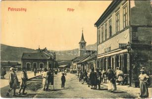 Petrozsény, Petrosani; Fő tér, Herman Béla üzlete, sütöde. W.L. Bp. 1679. / main square, shops, bakery (szakadás / tear)