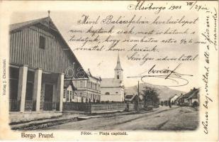 1908 Borgóprund, Borgó-Prund, Prundu Bargaului; Fő tér, szálloda, templom. J. Chencinski / Piata capitala / main square, church, hotel