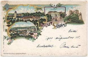 1900 Léva, Levice; főgimnázium, várrom. Schwidernoch Károly 2889. / grammar school, castle ruins. Art Nouveau, floral, litho  (r)