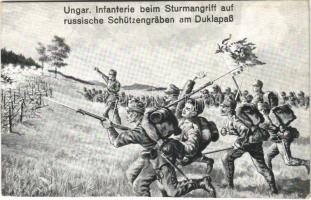 Ungar. Infanterie beim Sturmangriff auf russische Schützengräben am Duklapaß / WWI Austro-Hungarian K.u.K. military art postcard. M.B.L. 54. (vágott / cut)