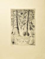 Láng Rudolf (1904-1991): Kertben. Rézkarc, papír, jelzett, 29×19,5 cm