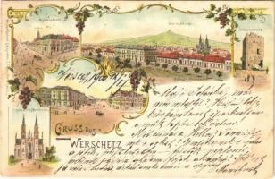 1900 Versec, Werschetz, Vrsac; Residenzgasse, Weingebirge, Schlossbergruine, Rathhaus, Rom. kath. Pfarrkirche / utca, Szőlőhegy, várrom, városház, római katolikus templom. Kehrer Lajos kiadása / street, vineyards, town hall, church. Art Nouveau, floral, litho (fl)