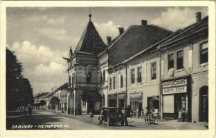 Kisszeben, Zeben, Sabinov; utca, Gustav Stehr és Josef Rosenthal üzlete, autó. Gustav Stehr kiadása / Hlinkova ulica, Kníhtlaciaren / street, shops, automobile