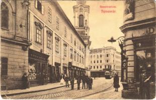 1909 Temesvár, Timisoara; Szeminárium, villamos, Gresham kávéház, Tóth Béla üzlete és saját kiadása / seminary, tram, shops, cafe (EK)