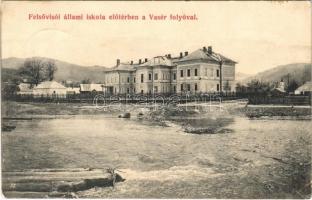 1907 Felsővisó, Viseu de Sus; Állami iskola előtérben a Vasér folyóval / school, Vaser river (fl)