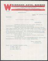 1943 Szeged, Weinmann Antal Ügynökségi és Bizományi Üzlete fejléces levélpapírjára írt levél
