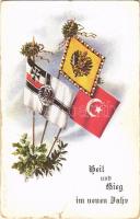 Heil und Sieg im neuen Jahr! / WWI German and Austro-Hungarian K.u.K. military, Central Powers propaganda with flags. H.H.i.W. Nr. 1389. (szakadás / tear)