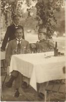 Osztrák-magyar katona egy vendéglő teraszán pincérrel / WWI Austro-Hungarian K.u.K. military, soldier and waiter at a restaurants terrace. photo