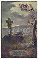 Gefallen bist du mutger Held... / WWI Austro-Hungarian K.u.K. military art postcard, soldiers grave. B.L.W.I. Nr. 607.