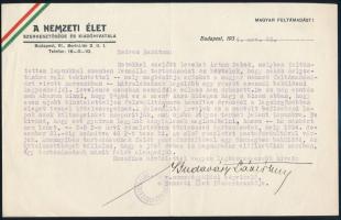 1934 Bp., A Nemzeti Élet főszerkesztője, Budaváry Lázár által írt gépelt levél, saját kezű aláírásával