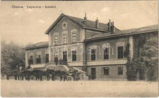 1918 Orsova, pályaudvar, vasútállomás, lovaskocsik. Grieser Mátyás kiadása / railway station, horse carts