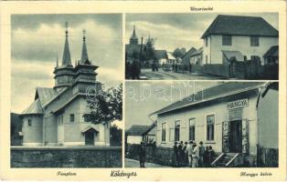 Kökényes, Ternovo; fatemplom, utca, Hangya üzlete és saját kiadása / wooden church, street, cooperative shop (fl)