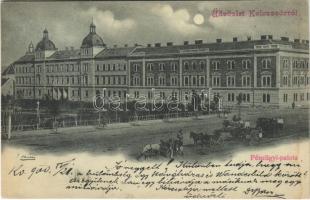 1900 Kolozsvár, Cluj; pénzügyi palota este, lovaskocsik / financial palace at night, horse carts